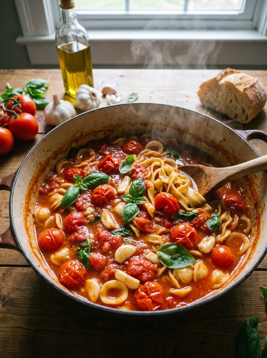 One pot pasta med tomat og hvidløg